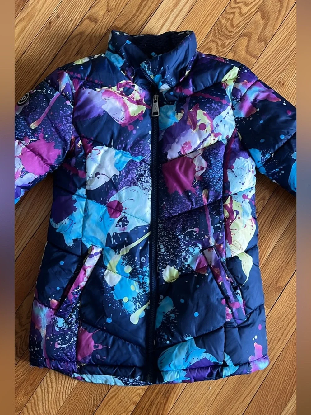 Justice winter coat puffer M (10), fleece lined splatter spray paint purple blue